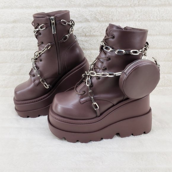Vibrate Chocolate Brown Platform 4.5" Wedge Heel Ankle Boots Side Purse & Chain - Picture 1 of 11